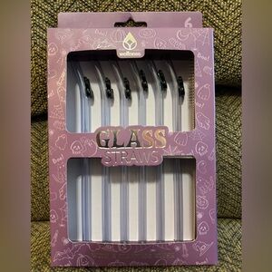 NWT Purple Tinted 6 Pack Glass Straws Black Cat and Cleaning Brush Halloween